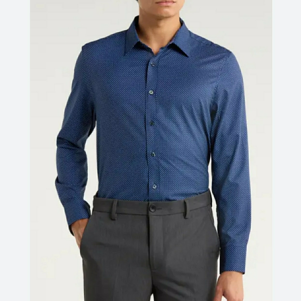 Men's CON.STRUCT Navy Button Up Performance Dress Shirt Large Wrinkle Free